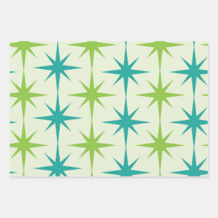 Mid Century Atomic Starbursts Green and Teal Wrapping Paper Sheet