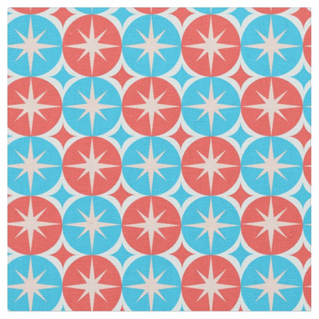 Mid Century Atomic Starbursts on Blue Red Circles Fabric (Close Up)