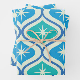 Mid Century Atomic Starbursts on Blue Teal Ogee Wrapping Paper Sheet