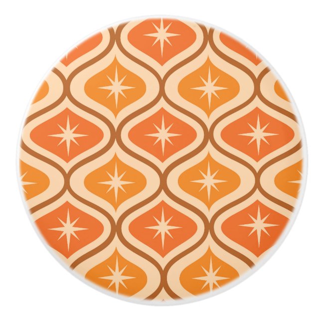 Mid Century Atomic Starbursts on Orange  Ogee  Ceramic Knob (Front)