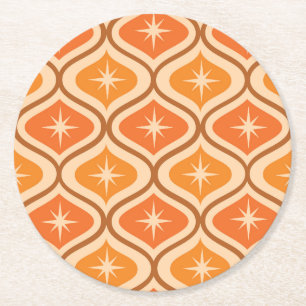 Mid Century Atomic Starbursts on Orange  Ogee  Round Paper Coaster