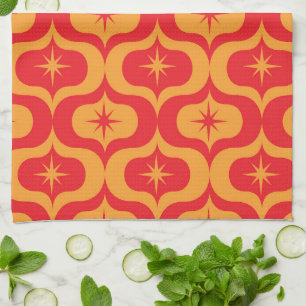 Mid Century Atomic Starbursts on Red Orange Ogee  Tea Towel