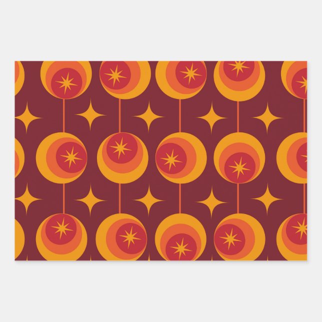 Mid Century Atomic Starbursts  on Retro Circles Wrapping Paper Sheet (Front 2)