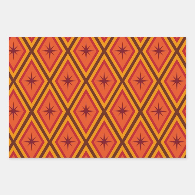 Mid Century Atomic Starbursts on retro diamonds  Wrapping Paper Sheet (Front)