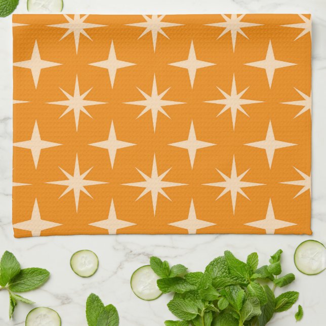Mid Century Atomic starbursts Pattern on Orange  Tea Towel (Folded)