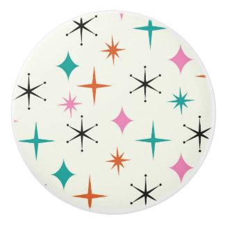 Mid Century Atomic Stars in Pink Teal Orange Ceramic Knob