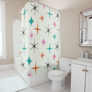 Mid Century Atomic Stars in Pink Teal Orange Shower Curtain