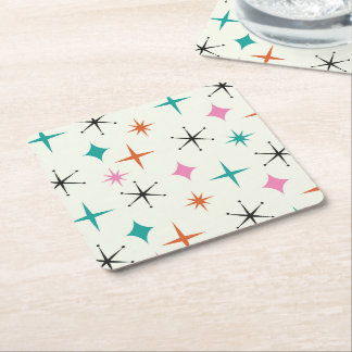 Mid Century Atomic Stars in Pink Teal Orange Square Paper Coaster