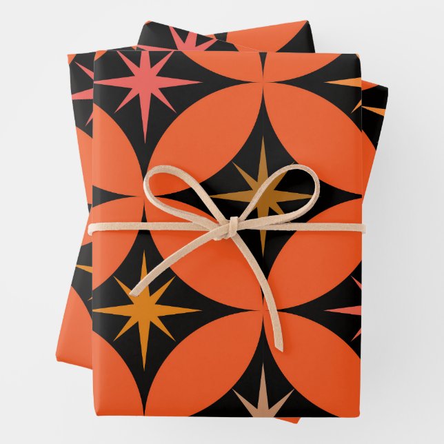 Mid Century Atomic Stars on Orange Circles Wrapping Paper Sheet (In situ)