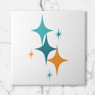 Mid Century Atomic Stars White Teal Aqua Orange Tile
