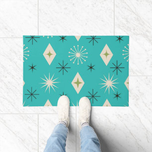 Mid Century Atomic Stars with diamonds on Teal  Doormat