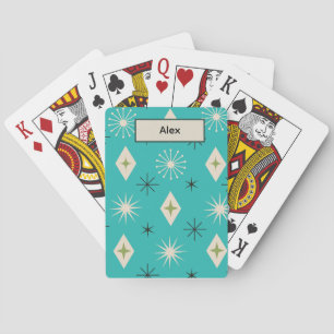 Mid Century Atomic Stars with diamonds on Teal Playing Cards