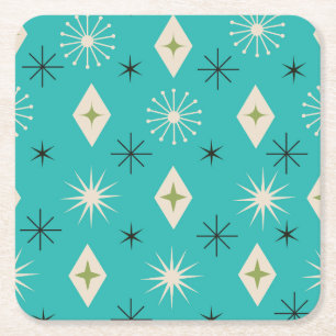 Mid Century Atomic Stars with diamonds on Teal  Square Paper Coaster