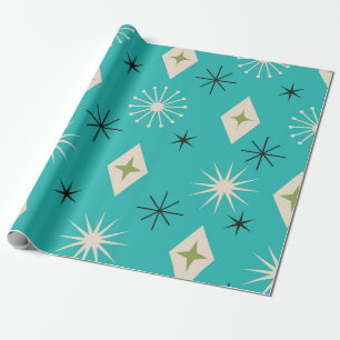 Mid Century Atomic Stars with diamonds on Teal  Wrapping Paper