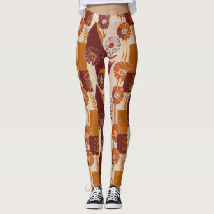 Mid Century Autumn Floral Geometric Pattern Leggings