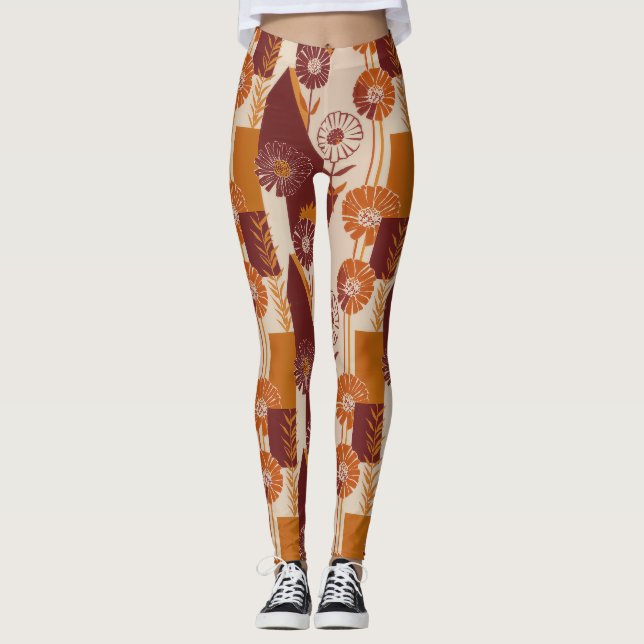 Mid Century Autumn Floral Geometric Pattern Leggings (Front)