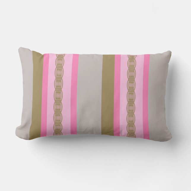 Mid-Century awning stripe - grey / grey, pink, tan Lumbar Cushion (Front)