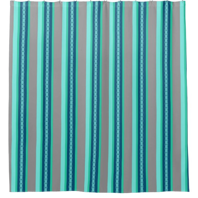 Mid-Century Awning Stripe, Turquoise and Grey Shower Curtain (Front)