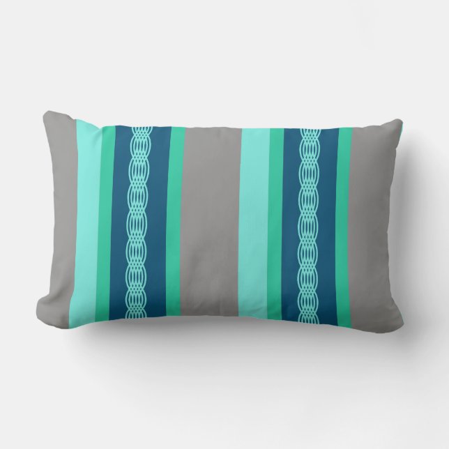 Mid-Century awning stripe - turquoise & grey Lumbar Cushion (Front)