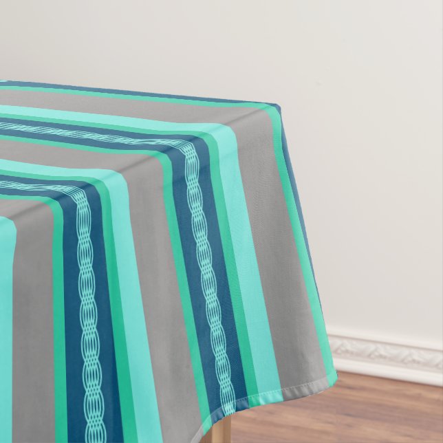 Mid-Century awning stripe - turquoise & grey Tablecloth (In Situ)
