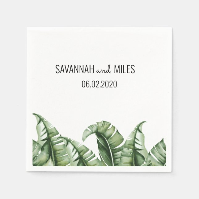 Mid Century Banana Leaf Wedding Cocktail Napkin (Front)