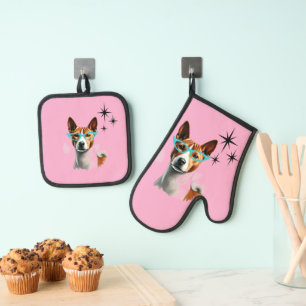 Mid-Century Basenji Dog  Oven Mitt & Pot Holder Set