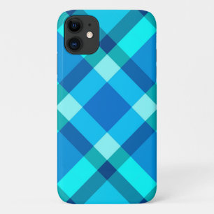 Mid-Century Bias Plaid, Cobalt Blue and Turquoise iPhone 11 Case