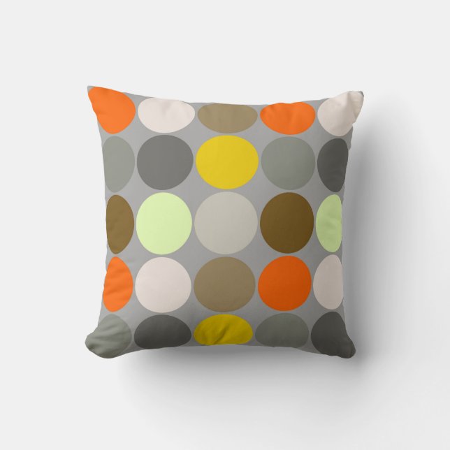Mid-Century Big Dots, Grey, Gold and Orange Cushion (Front)