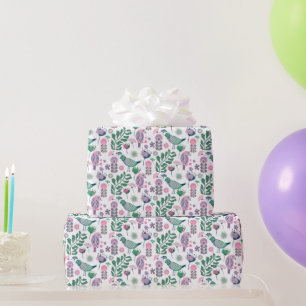 Mid Century Birds and Flowers Pattern Purple  Wrapping Paper