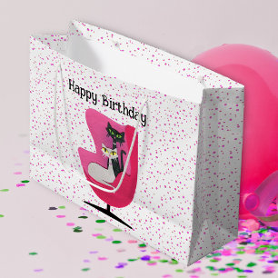 Mid Century Birthday Cats in Pink chair polka dots Large Gift Bag