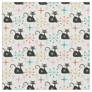 Mid Century Black Atomic Cat with Starbursts Fabric