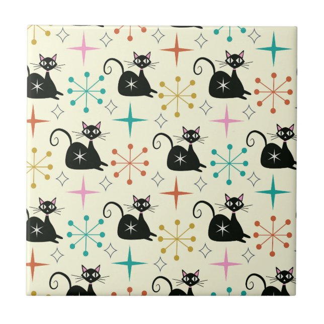 Mid Century Black Atomic Cat with Starbursts  Tile (Front)