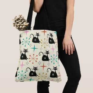 Mid Century Black Atomic Cat with Starbursts  Tote Bag