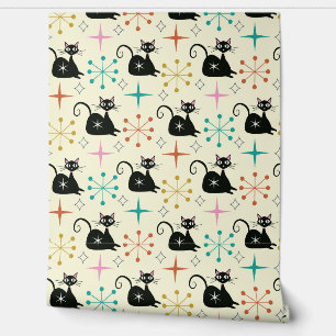 Mid Century Black Atomic Cat with Starbursts Wallpaper