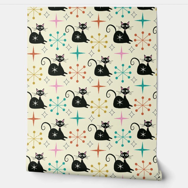 Mid Century Black Atomic Cat with Starbursts  Wallpaper (Unrolling)