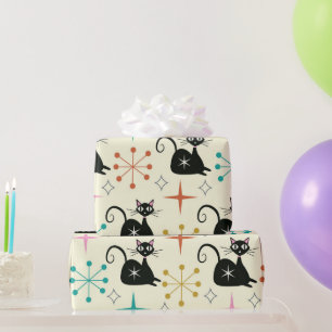 Mid Century Black Atomic Cat with Starbursts  Wrapping Paper