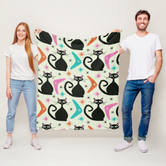 Mid-Century Black Atomic Cats and Boomerangs  Fleece Blanket