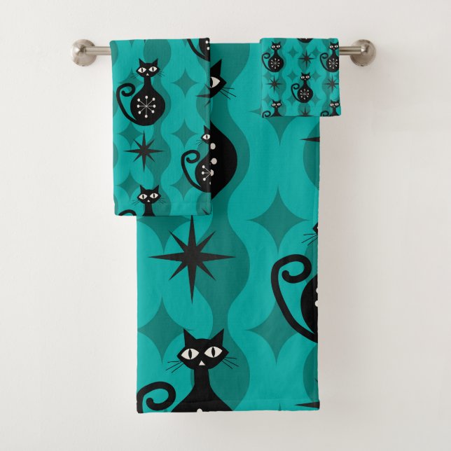 Mid Century Black Atomic Cats on Teal Ogee  Bath Towel Set (Insitu)