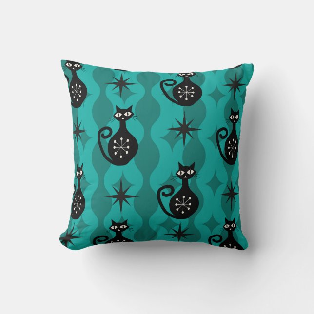 Mid Century Black Atomic Cats on Teal Ogee  Cushion (Front)