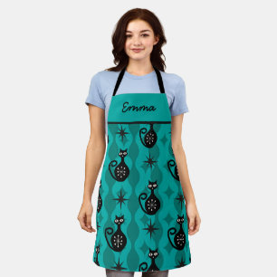 Mid Century Black Atomic Cats on Teal Ogee custom  Apron