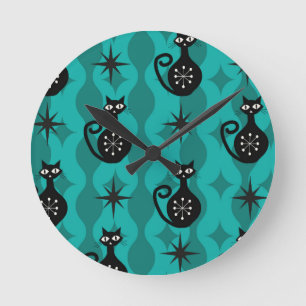 Mid Century Black Atomic Cats on Teal Ogee  Round Clock