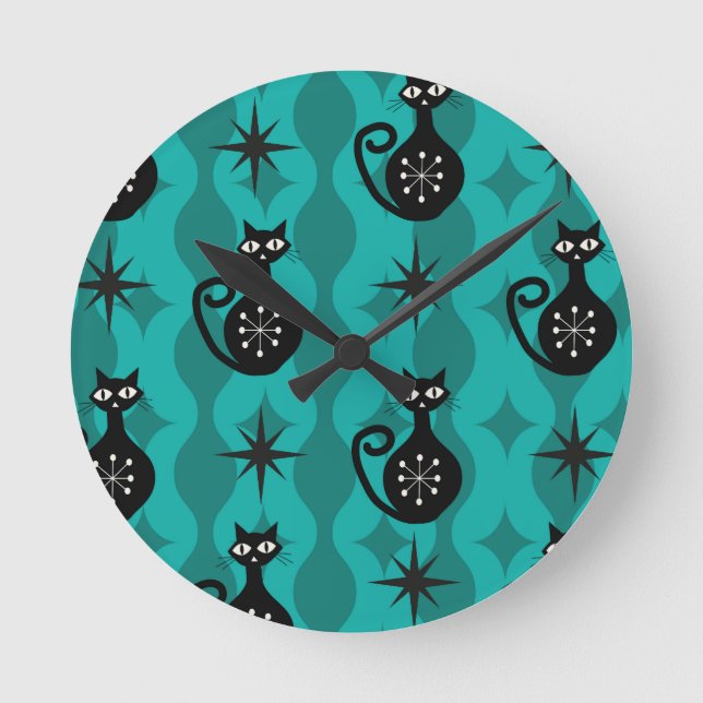 Mid Century Black Atomic Cats on Teal Ogee  Round Clock (Front)