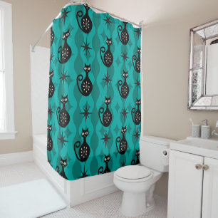 Mid Century Black Atomic Cats on Teal Ogee Shower Curtain