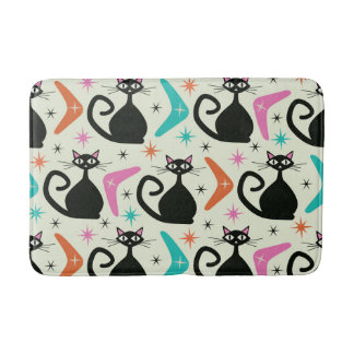 Mid Century Black Atomic Cats with Boomerangs  Bath Mat