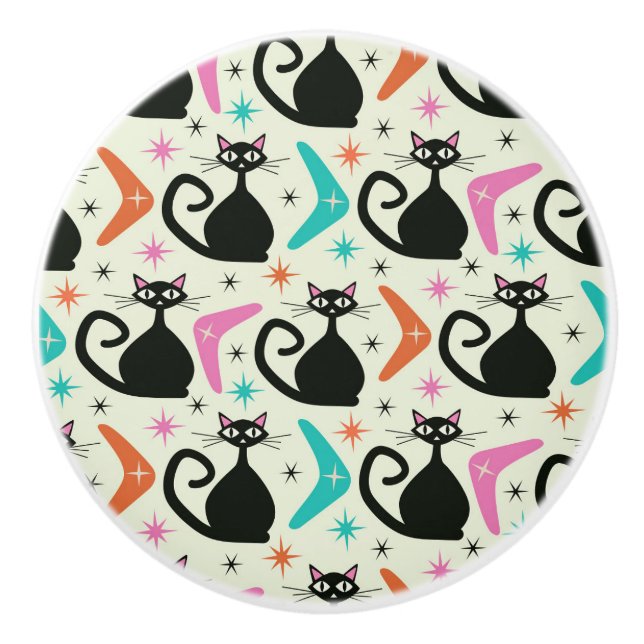 Mid Century Black Atomic Cats with Boomerangs  Ceramic Knob (Front)