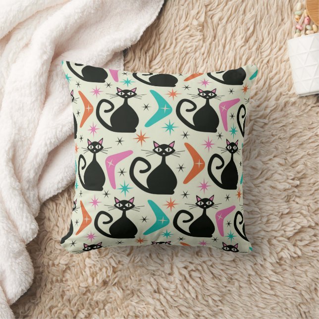 Mid Century Black Atomic Cats with Boomerangs  Cushion (Blanket)