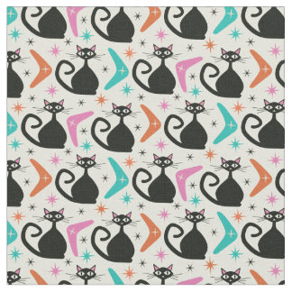 Mid Century Black Atomic Cats with Boomerangs Fabric