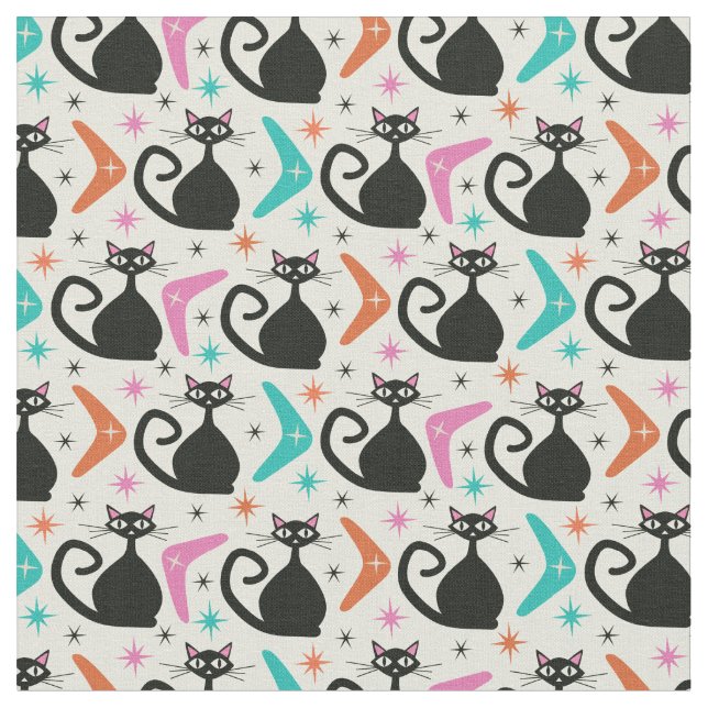 Mid Century Black Atomic Cats with Boomerangs Fabric (Close Up)