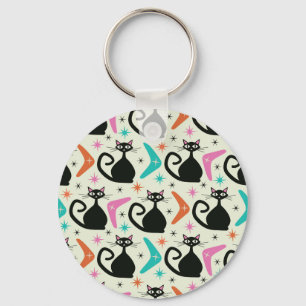 Mid Century Black Atomic Cats with Boomerangs Key Ring
