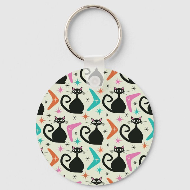Mid Century Black Atomic Cats with Boomerangs  Key Ring (Front)